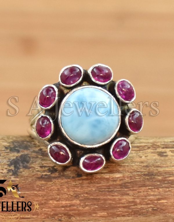 Larimar & Natural Ruby Gemstone Ring, Handmade 925 Sterling Silver Ring