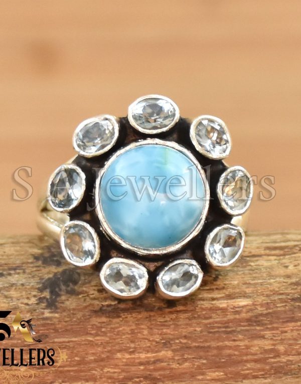 London Blue Topaz Floral Style Ring, 925 Sterling Silver Ring, Larimar Ring