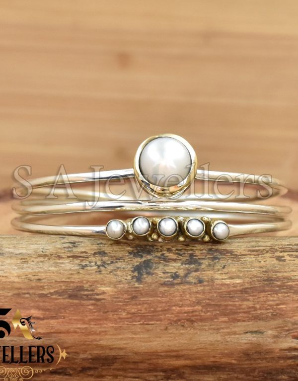 Mother of Pearl Bangle, 925 Sterling Silver Cuff Bracelet, Tow Tone Bracelet,