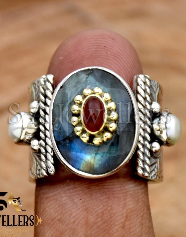 Labradorite Ring, 925 Sterling Silver Ring, Textured Ring, Tow Tone Ring,