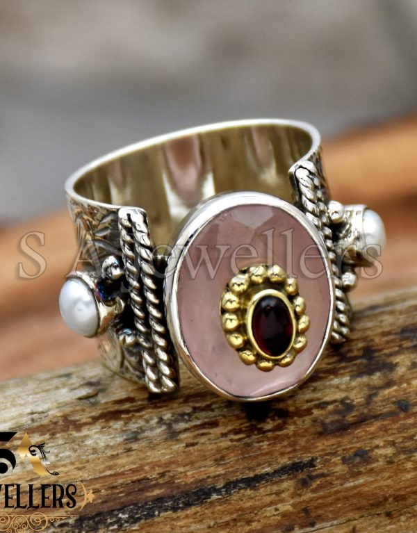 Rose Quartz Ring, 925 Sterling Silver Ring, Textured Ring, Tow Tone Ring,