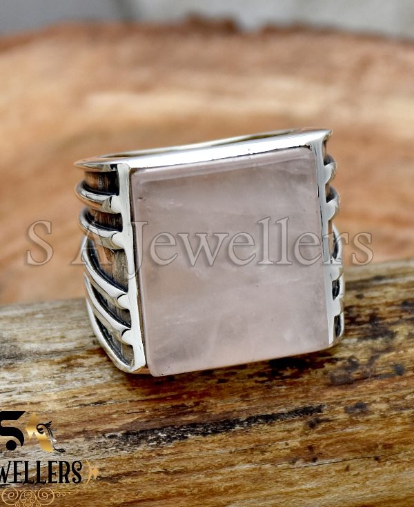 Rose Quartz Men's Ring, 925 Sterling Silver Ring, Boho Ring
