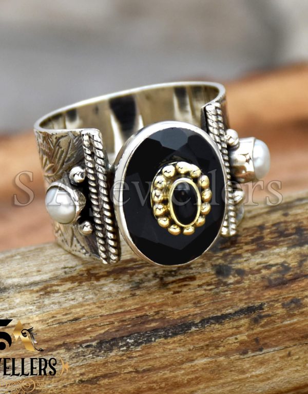 Black Onyx Ring, Textured Ring, 925 Sterling Silver Ring, Handmade Jewelry, Tow Tone Ring,