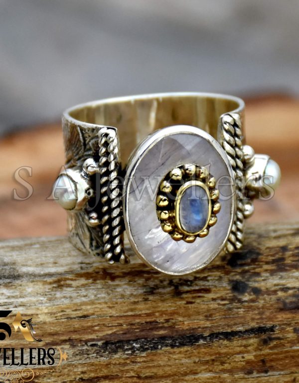 Rainbow Moonstone Ring, Textured Ring, 925 Sterling Silver Ring, Handmade Jewelry, Tow Tone Ring,