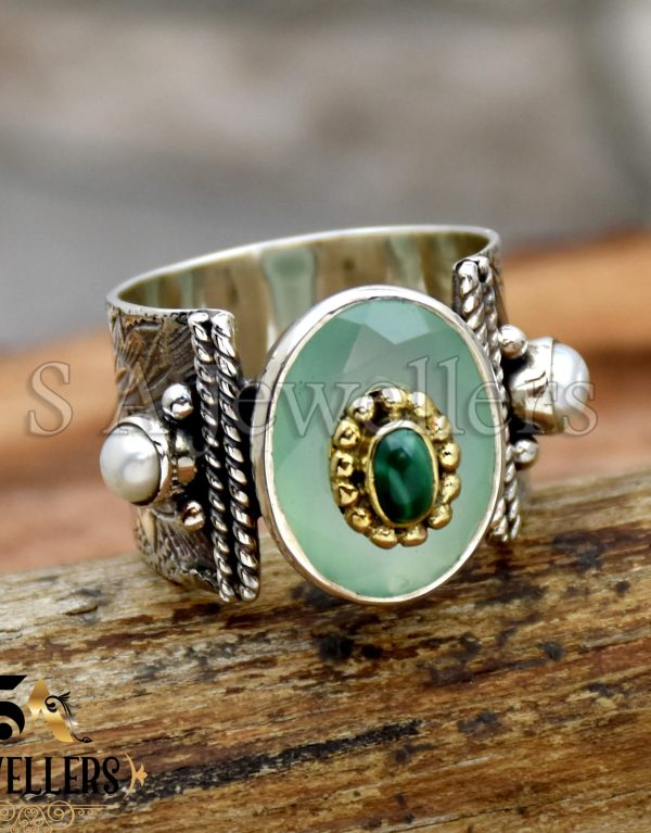 Aqua Chalcedony Ring, Textured Ring, 925 Sterling Silver Ring, Handmade Jewelry, Tow Tone Ring,