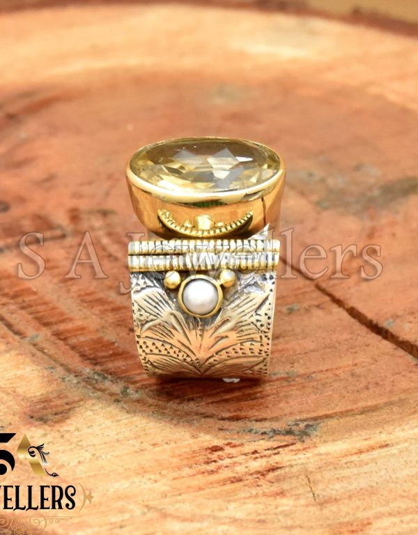 Natural Citrine & Fresh Water Pearl Ring, 925 Sterling Silver, Flower Textured Ring Two Tone Ring,