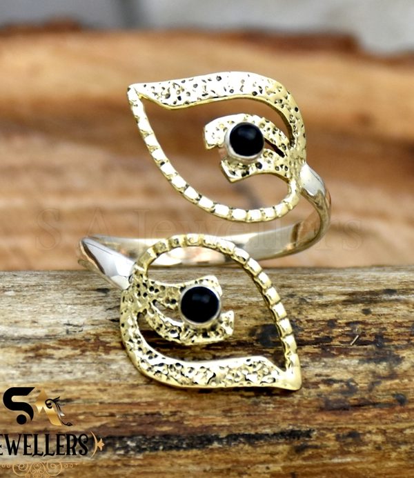Black Onyx Silver Ring, 925 Sterling Silver Ring, Brass Leaf Ring, Two Tone Ring