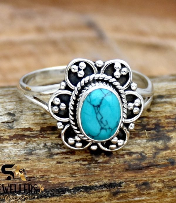 Turquoise Silver Ring, 925 Sterling Silver Ring, Statement Flower Ring