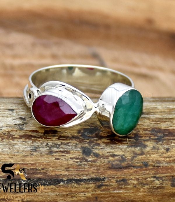 Indian Ruby & Emerald Ring, 925 Sterling Silver Ring, Double Stone Silver Ring