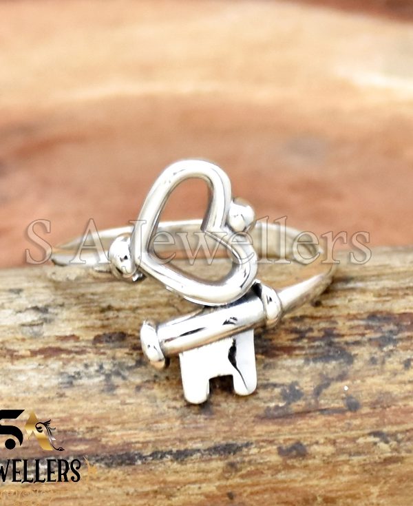 Heart Lock Key Ring, Lover's 925 Sterling Silver Ring, Boho Ring, Handmade Ring,