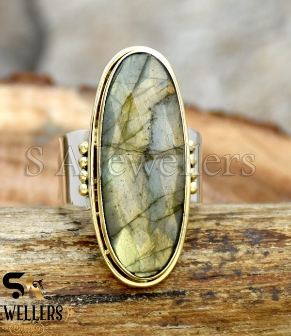 Natural Labradorite Ring, 925 Sterling Silver Ring, Two Tone Ring, Gift For Her
