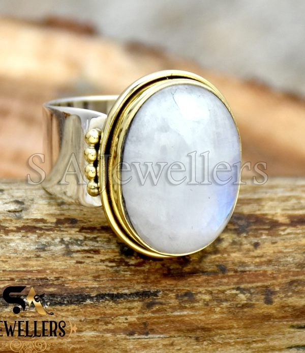Natural Moonstone Ring, 925 Sterling Silver Ring, Boho Ring, Two Tone Ring