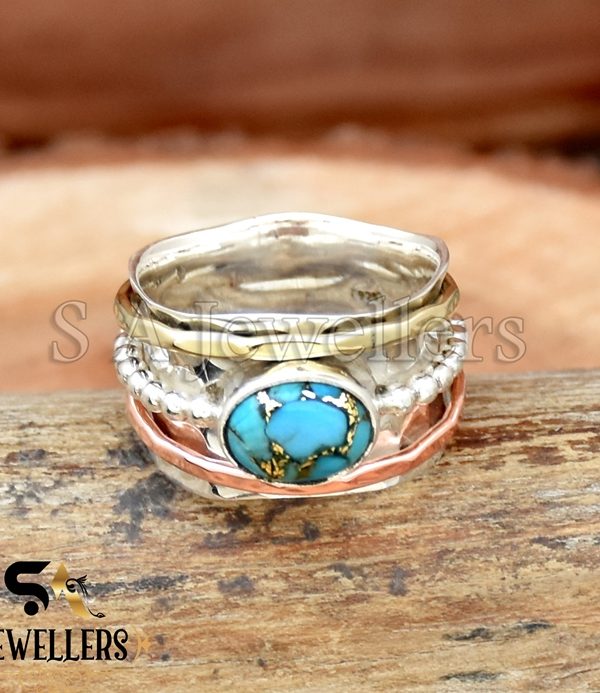 Blue Copper Turquoise Ring, 925 Sterling Silver Ring, Tow Tone Ring