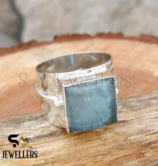 Wholesale 925 Sterling Silver Ring, Natural Aquamarine Ring, Wide Band Ring