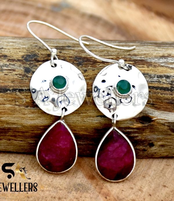 Indian Ruby & Indian Emerald Earring, 925 Sterling Silver Earring, Dangle Drop Earring