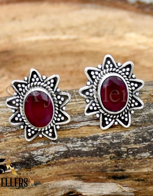 Indian Ruby Earring, 925 Sterling Silver Earring, Stud Silver Earring