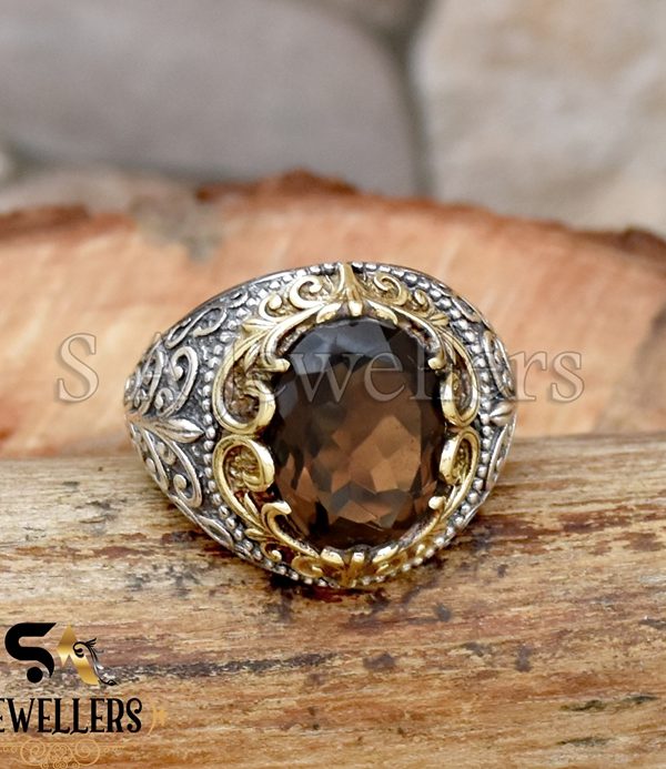 Smoky Quartz Men's Ring, 925 Sterling Silver Ring, Tow Tone Ring