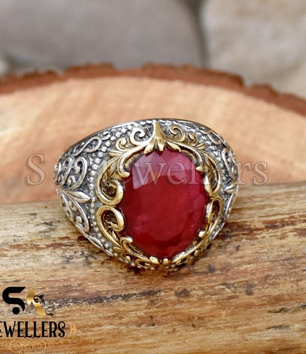 Indian Ruby Men's Ring, 925 Sterling Silver Ring, Tow Tone Ring, Boho Ring,