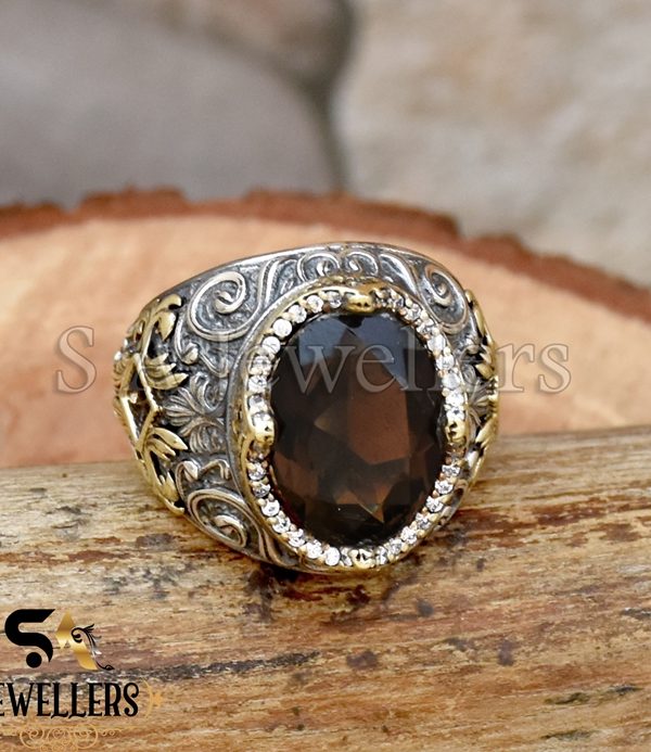 Smoky Quartz With White Zircon Ring, 925 Sterling Silver Ring, Tow Tone Ring