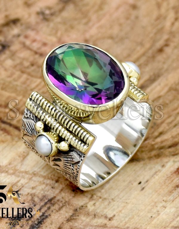 Mystic Topaz Ring, 925 Sterling Silver Ring, Flower Textured Band, Gift For Her