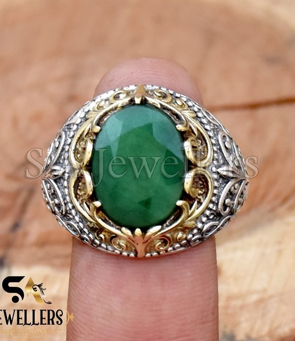 Indian Emerald Men's Ring, 925 Sterling Silver Ring, Tow Tone Ring