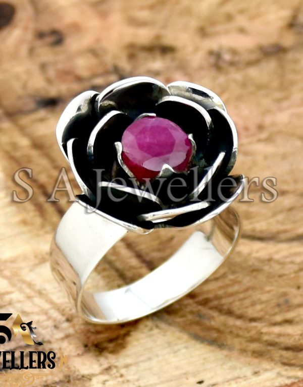Rose Ring, Indian Ruby Ring, Red Flower Ring, Oxidized Ring, 925 Sterling Silver