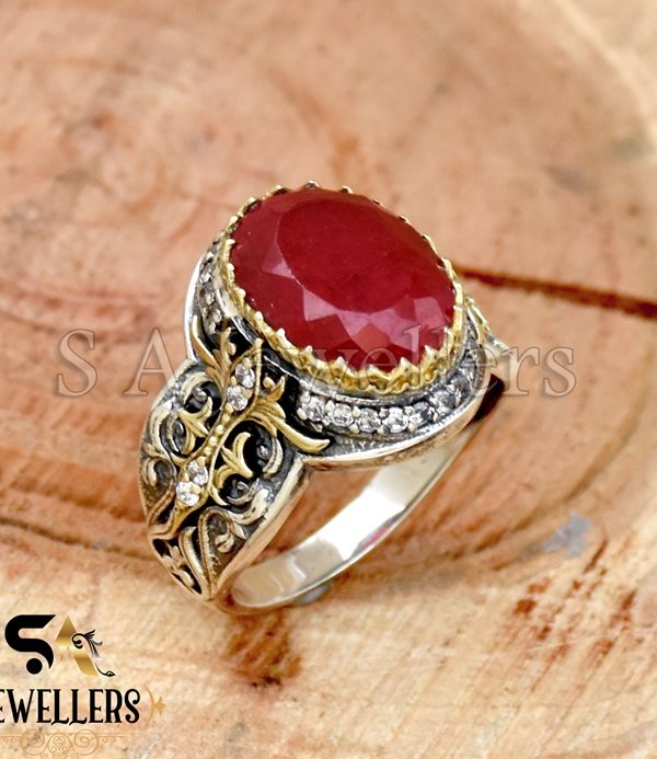 Indian Ruby With White Zircon Ring, 925 Sterling Silver Ring, Tow Tone Ring