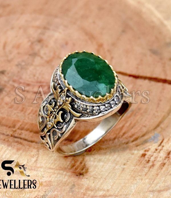 Indian Emerald With White Zircon Ring, 925 Sterling Silver Ring, Tow Tone Ring