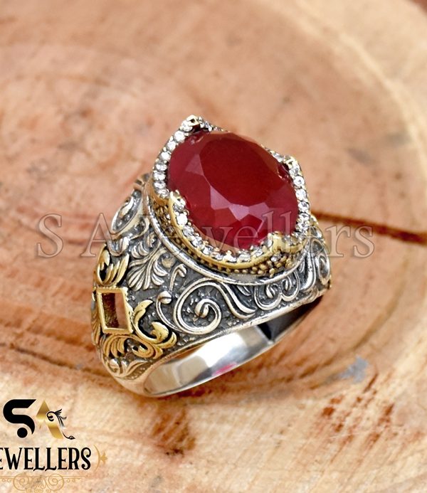Indian Ruby With White Zircon Ring, 925 Sterling Silver Ring, Tow Tone Ring