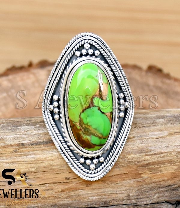 Green Copper Turquoise Ring, 925 Sterling Silver Ring, Handmade Jewelry