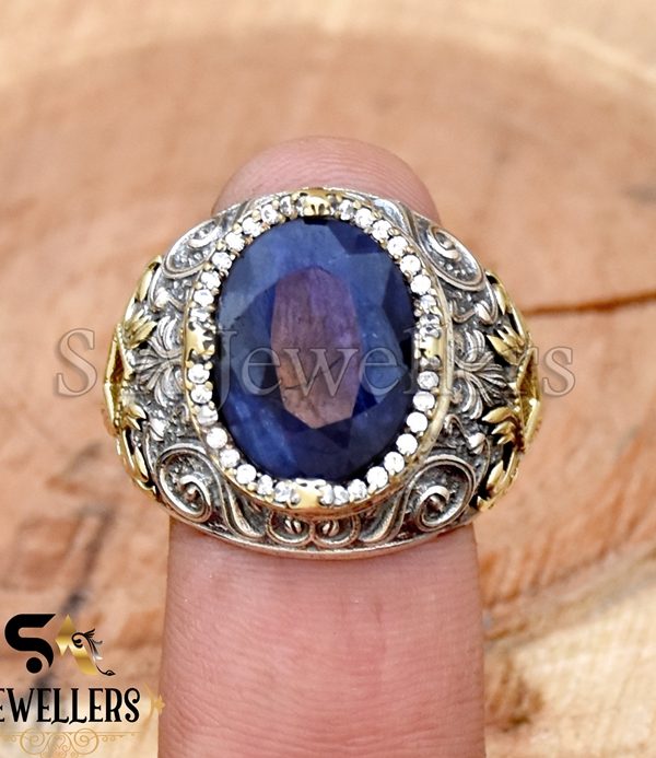 Blue Sapphire With White Zircon Ring, 925 Sterling Silver Ring, Tow Tone Ring