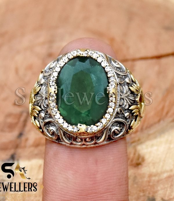 Indian Emerald With White Zircon Ring, 925 Sterling Silver Ring, Tow Tone Ring