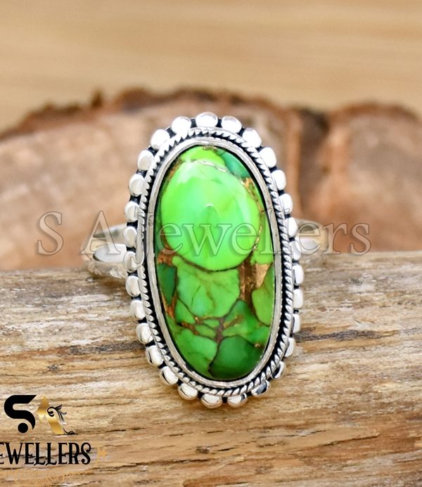Green Copper Turquoise Ring, 925 Sterling Silver Ring, Designer Ring