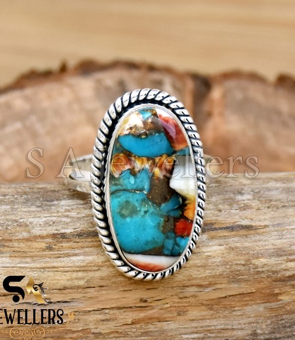 Oyster Copper Turquoise Ring, 925 Sterling Silver Ring, Designer Ring