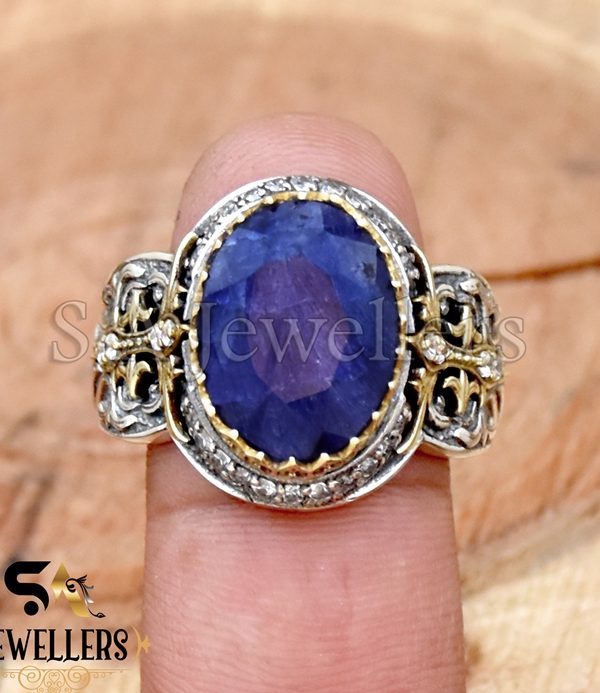 Blue Sapphire With White Zircon Ring, 925 Sterling Silver Ring, Tow Tone Ring