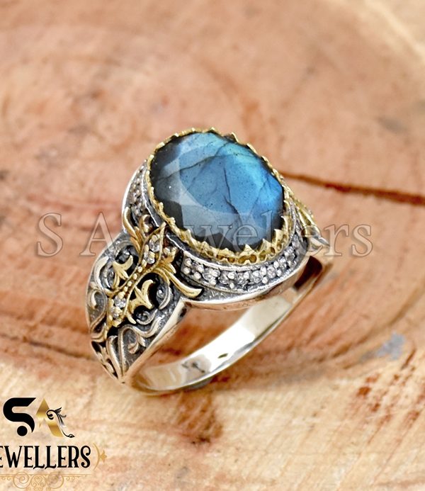 Labradorite With White Zircon Ring, 925 Sterling Silver Ring, Tow Tone Ring