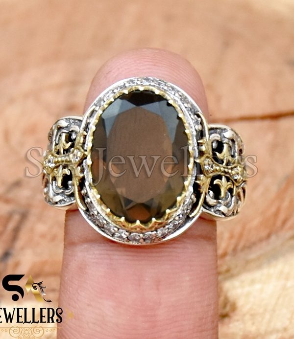 Smoky Quartz With White Zircon Ring, 925 Sterling Silver Ring, Tow Tone Ring