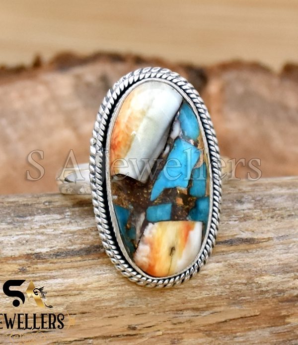 Oyster Copper Turquoise Ring, 925 Sterling Silver Ring, Designer Ring