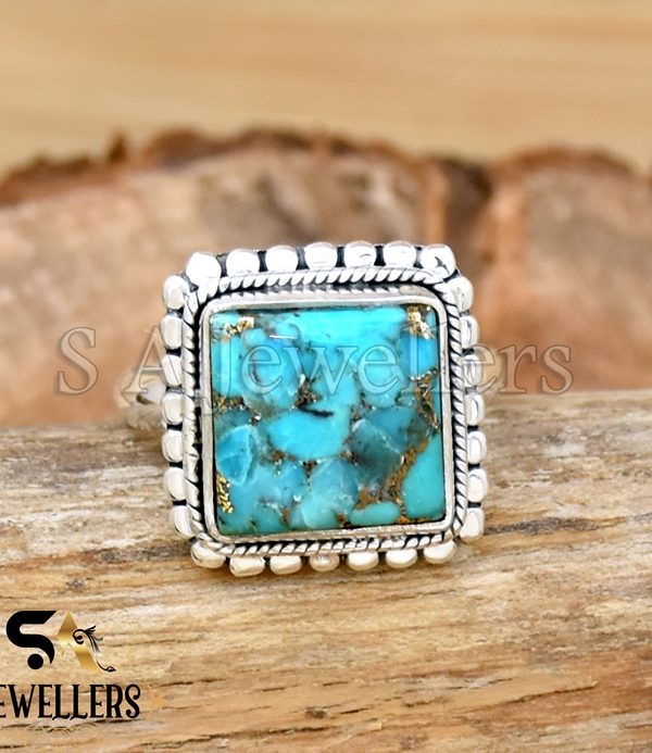 Blue Copper Turquoise Ring, 925 Sterling Silver Ring, Women Ring