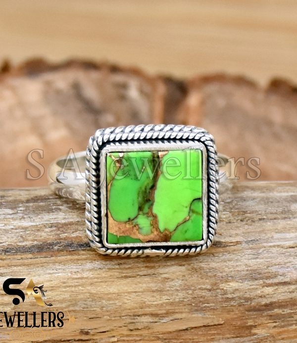Green Copper Turquoise Ring, 925 Sterling Silver Ring, Handmade Ring