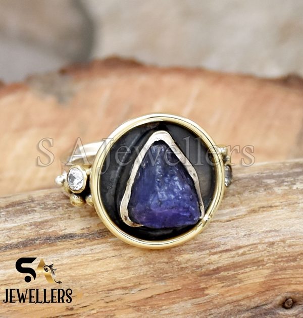 Natural Tanzanite Rough Ring, 925 Sterling Silver Ring, Handmade Two Tone Ring