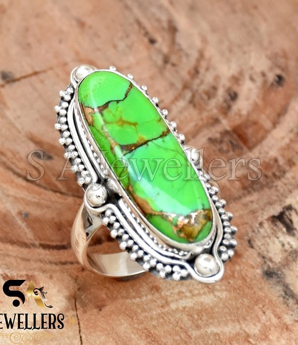 Green Copper Turquoise Ring, 925 Sterling Silver Ring, Designer Ring