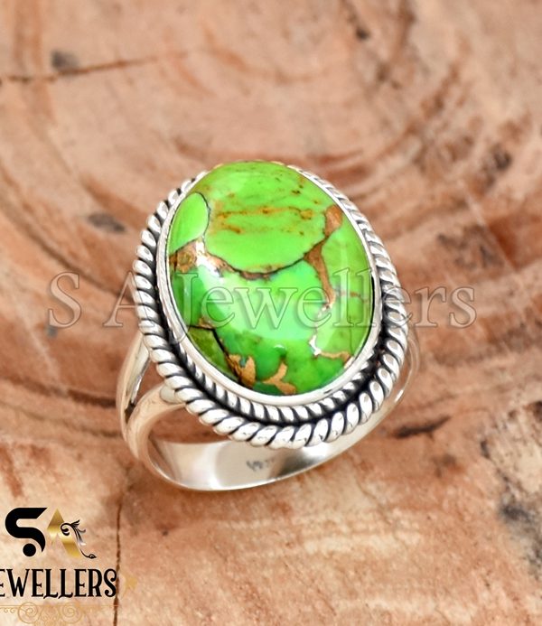 Green Copper Turquoise Ring, 925 Sterling Silver Ring, Designer Ring