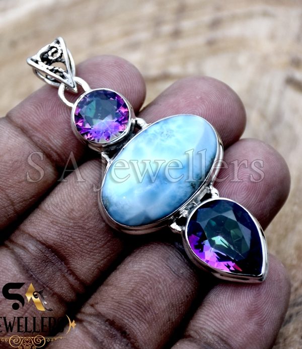 Larimar and Mystic Topaz Pendant, 925 Sterling Silver Pendant, Handmade Jewelry for girls