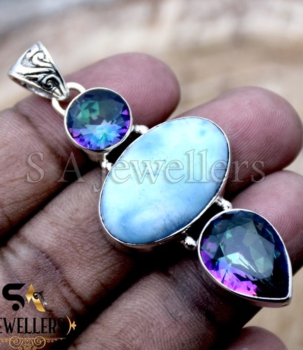 925 Sterling Silver Pendant, Larimar and Mystic Topaz Pendant, Partywear Jewelry