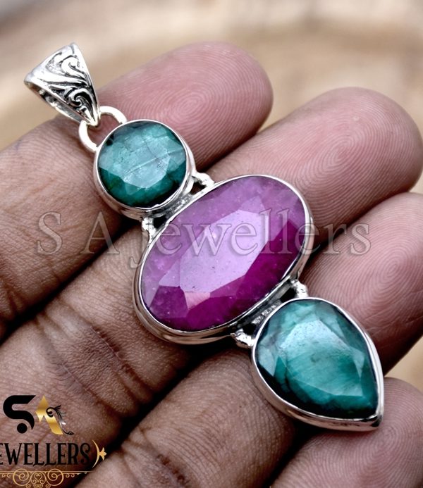 925 Sterling Silver Pendant, Indian Ruby and Indian Emerald Pendant, Gemstone Jewelry