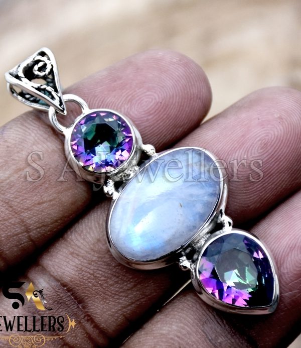 925 Sterling Silver Pendant, Natural Moonstone and Mystic Topaz Pendant, Jewelry for girls