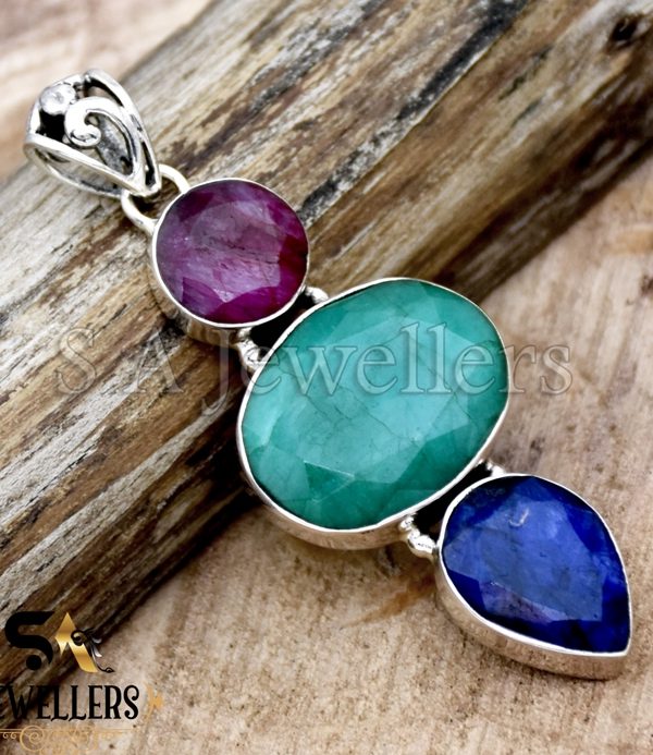 Indian Emerald Silver Pendant, Multi Gemstone Pendant, 925 Sterling Silver Pendant,