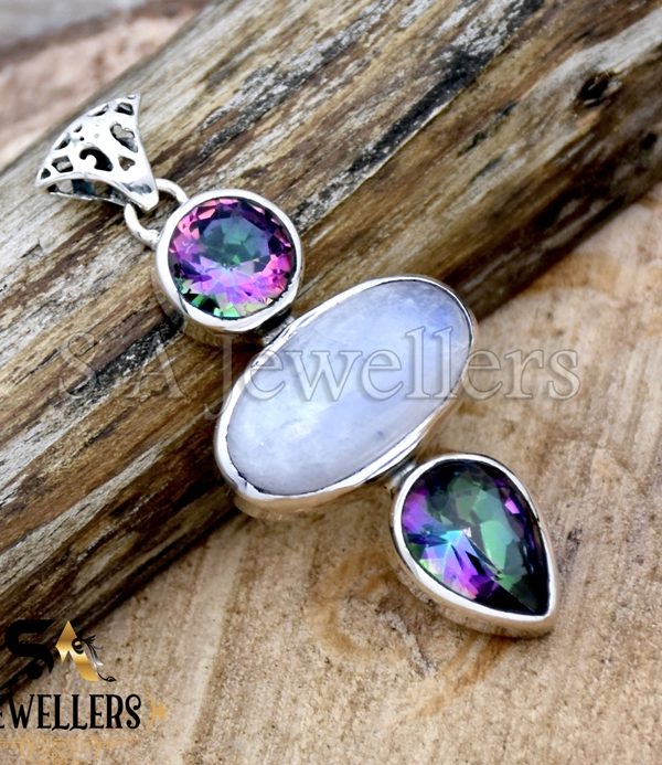 Natural Moonstone Silver Pendant, Mystic Topaz Pendant, 925 Sterling Silver Pendant