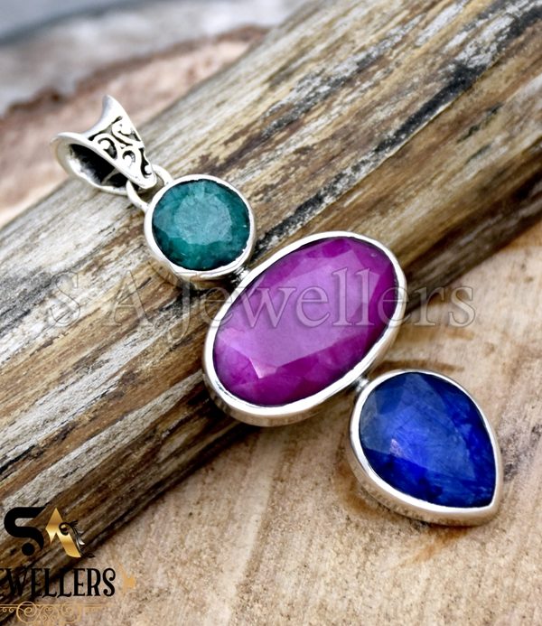 Indian Ruby Silver Pendant, Multi Gemstone Pendant, 925 Sterling Silver Pendant,